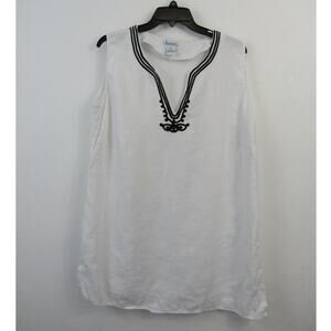 Silhouettes 1X White Linen Sleeveless Top  V Neck Black Embroidery Detail